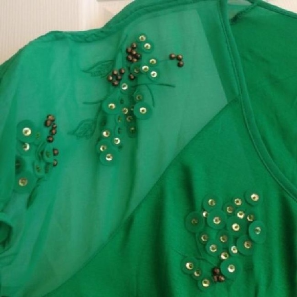 Green Leifnotes Beaded Sequin Peasant Tunic Blouse - Picture 3 of 6